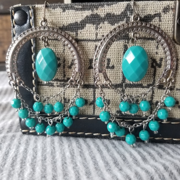 Turquoise & silver boho tribal earrings - Picture 3 of 5